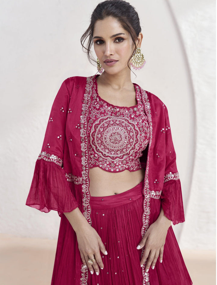 Pink Georgette Sangeet Wear Designer Lehenga Crop Top Set With Shrug - Fashion Nation