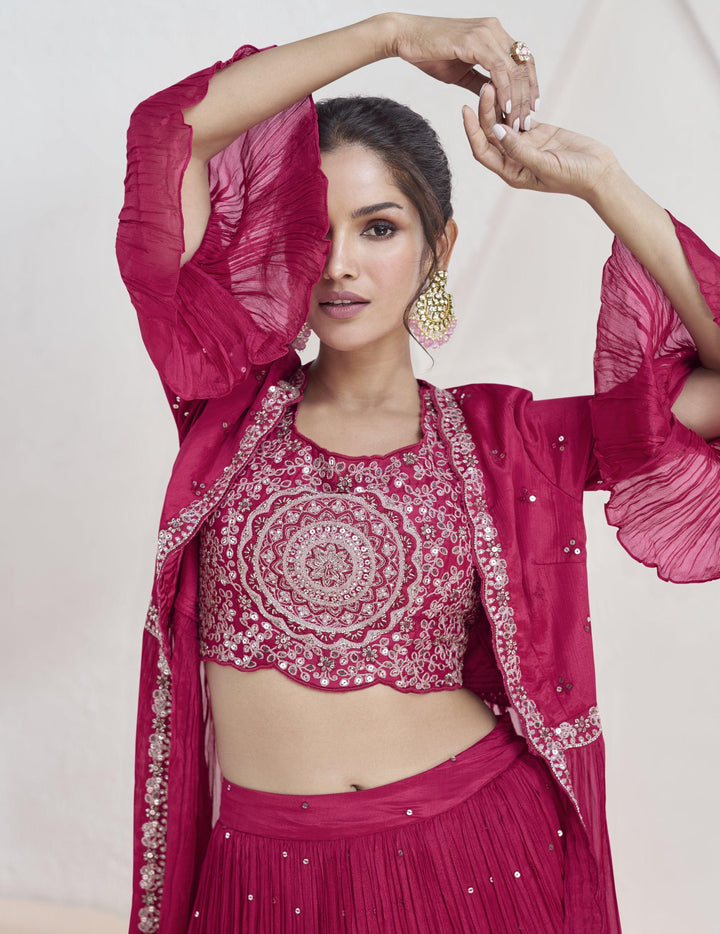 Pink Georgette Sangeet Wear Designer Lehenga Crop Top Set With Shrug - Fashion Nation