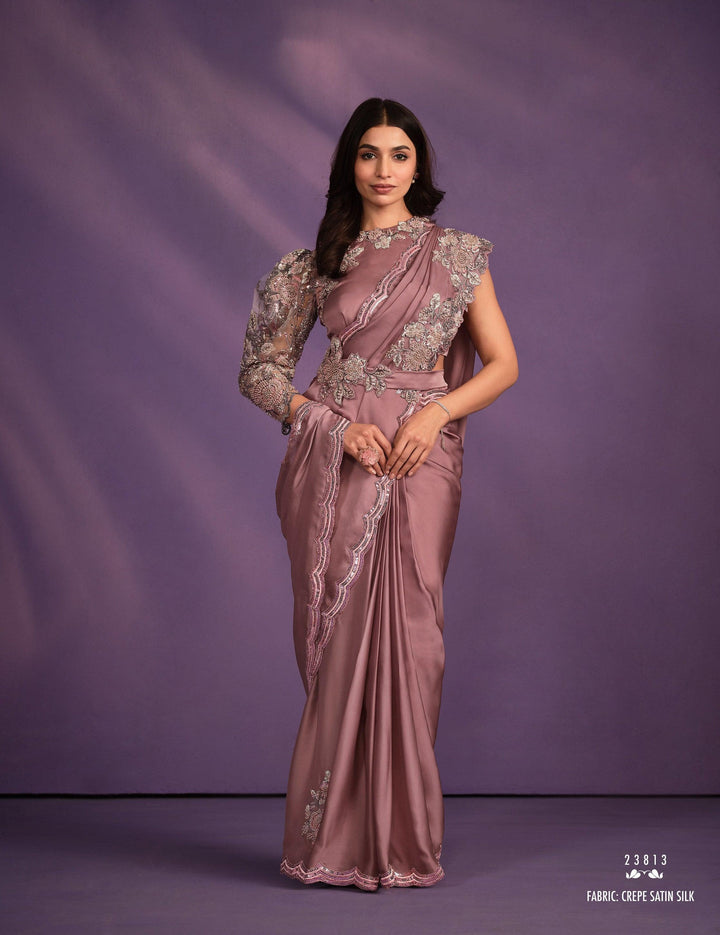 Reception Wear Mauve Satin Crepe Pre-Stitched Sari with Belt | Readymade Blouse - Fashion Nation