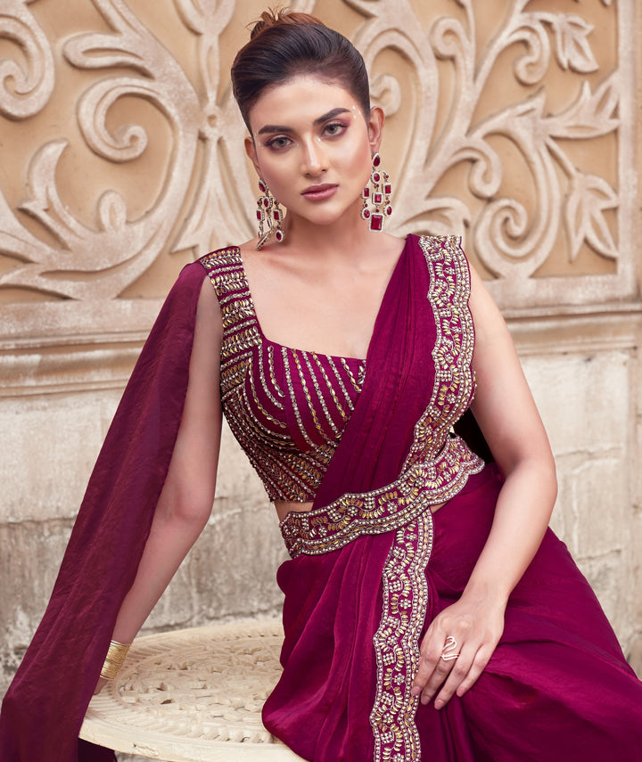 sangeet wear fusion one minute saree with belt and cloak blouse