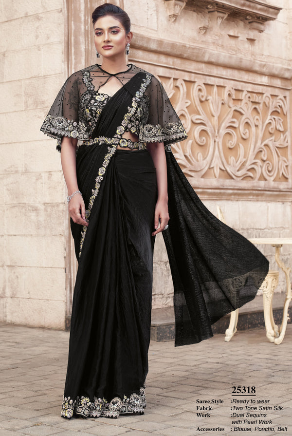 celeb style trendy fusion sari with belt and poncho