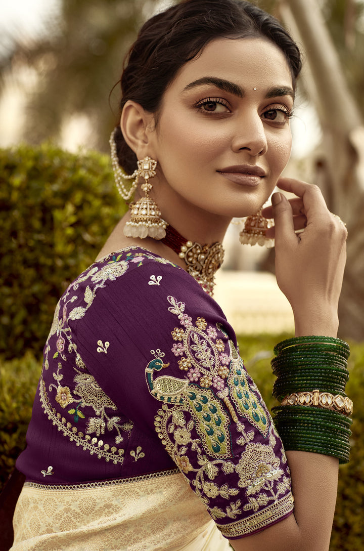 all occasions wear festive cream saree with contrast blouse