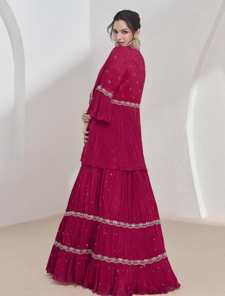 Pink Georgette Sangeet Wear Designer Lehenga Crop Top Set With Shrug - Fashion Nation