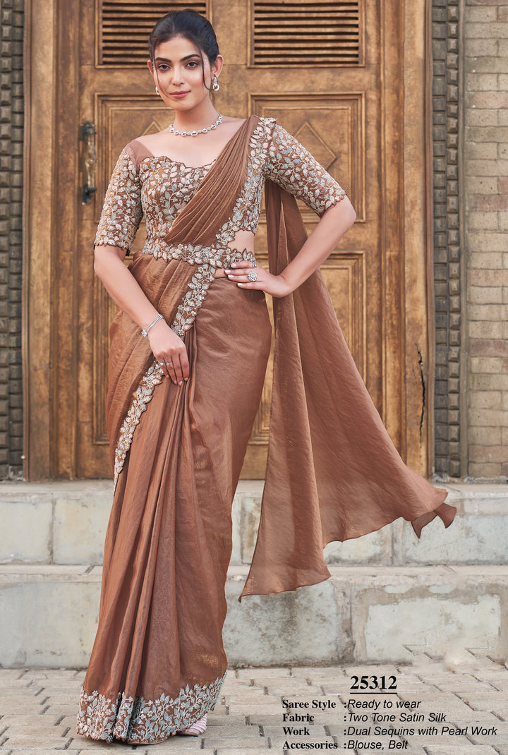 bollywood style brown pre draped saree