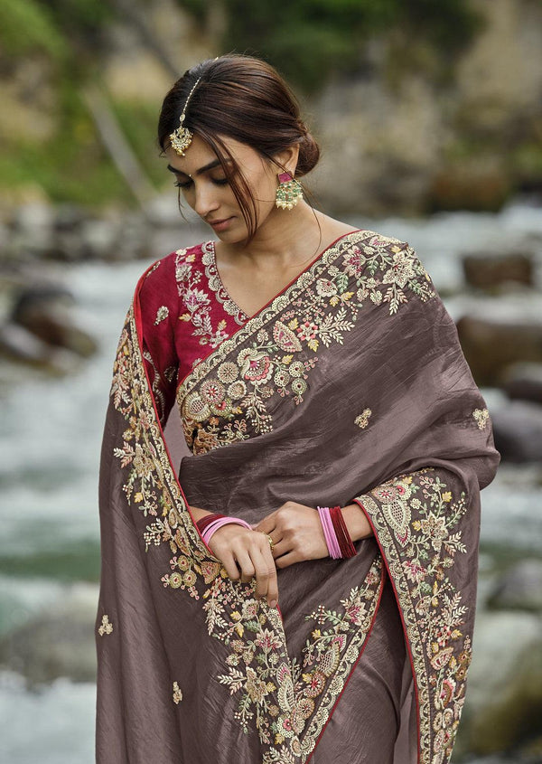 Sangeet Party Wear Grey Silk Embroidered Saree - Fashion Nation