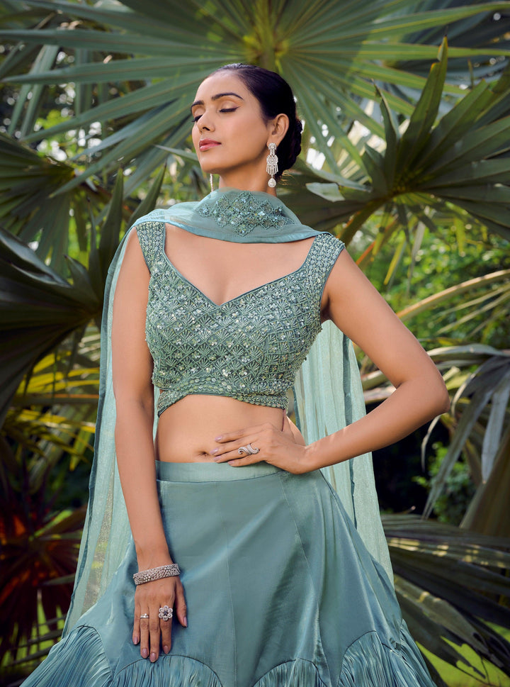 Partywear Blue Silk Designer Tiered Skirt & Crop Top - Fashion Nation